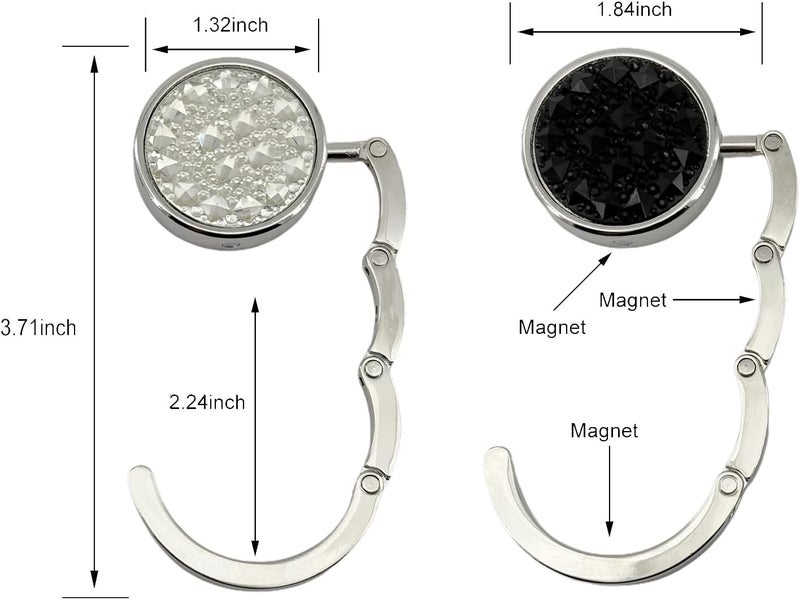 YEMCHI 2 Pack Bling Crystal Foldable Purse Hooks for Table & Desk | Women's Handbag Hangers | Anti-Slip & Portable | Perfect for Dining Out & Office Use | Mixed Color (Black & White) - Image 2